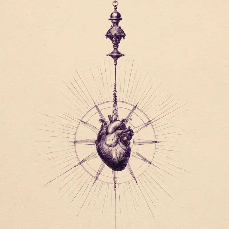 Ink drawing of an anatomical heart hung as the bob of a plumb line, fine pulse lines radiating from it.