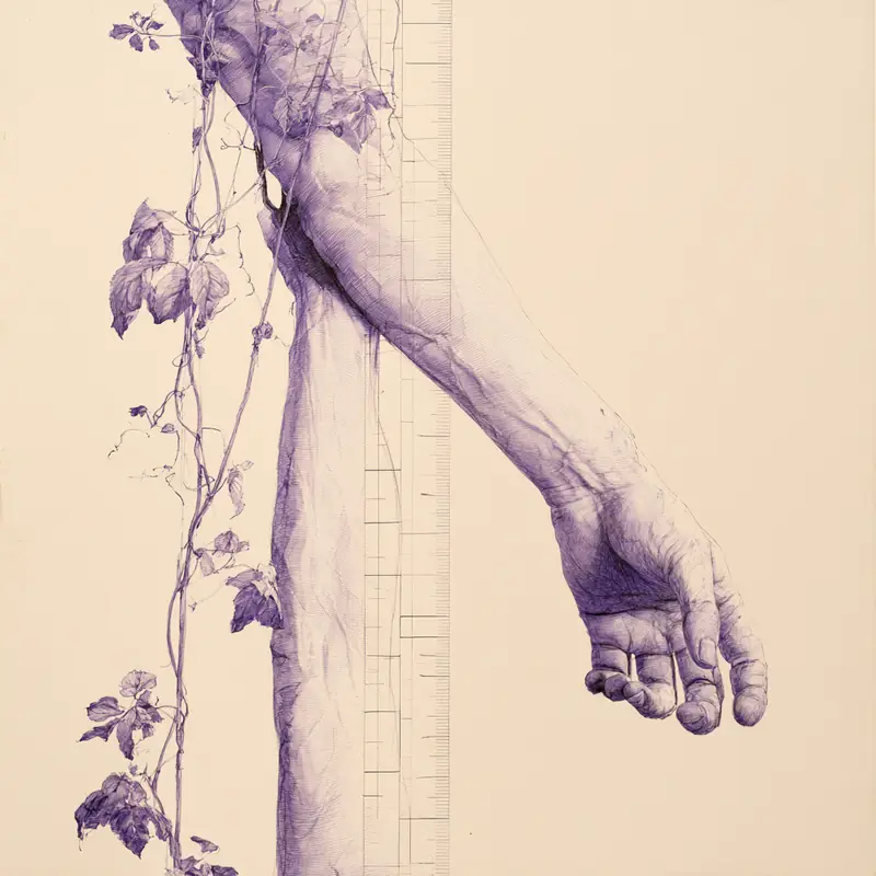 Ink study of an outstretched forearm beside a rod graduated into twelve parts, a vine climbing the rod.