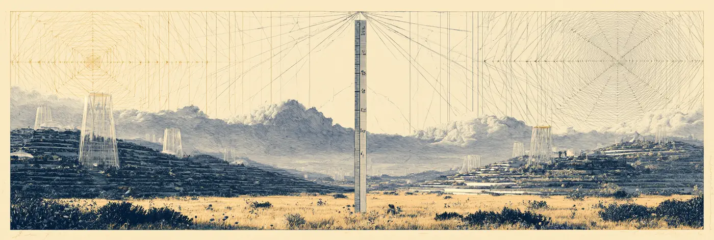 Ink drawing of a sunlit valley with a tall measuring rod graduated into twelve divisions; fine construction lines cross the sky.