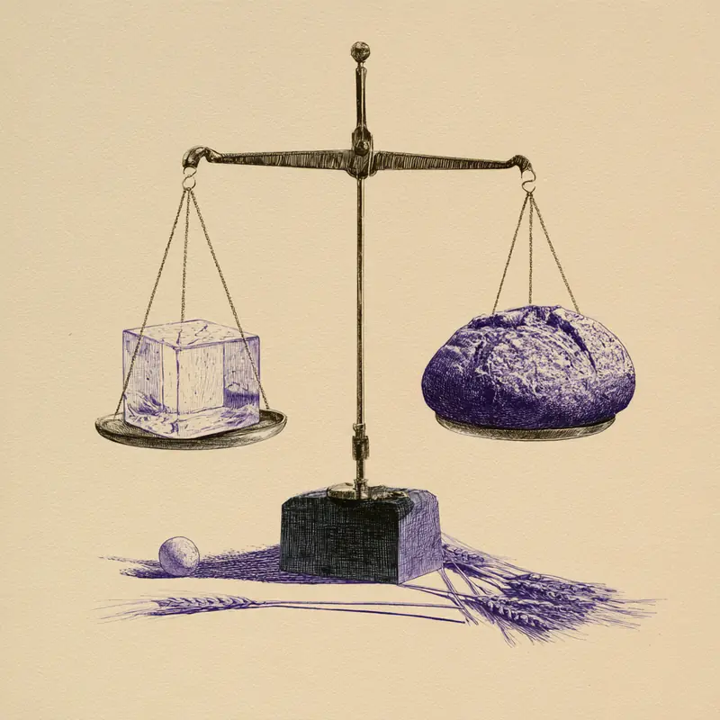 Ink drawing of an equal-arm balance weighing a clear cube of water against a round loaf of bread, wheat beneath.